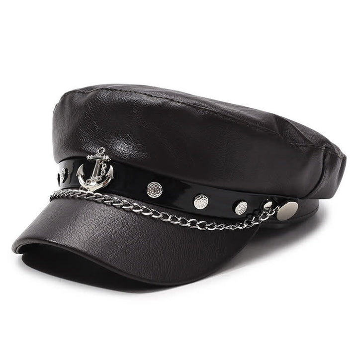 Military-Style Anchor Studded Leather Beret Hat With Chain - Dark Coffee - M (22"-22 7/8") - image 9