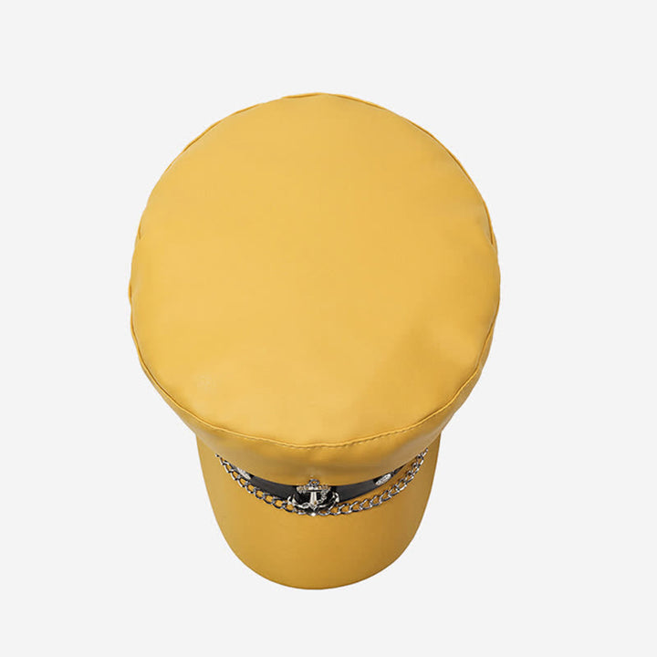 Military-Style Anchor Studded Leather Beret Hat With Chain - image 5