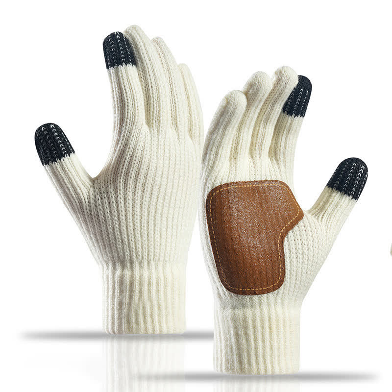 Warm Anti-Slip Leather Palm Patch Knitted Gloves - White - image 10