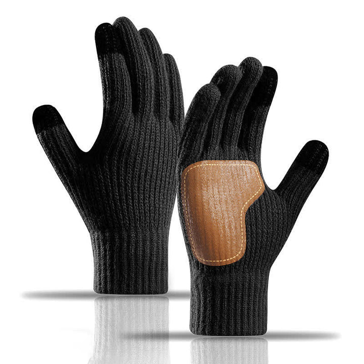 Warm Anti-Slip Leather Palm Patch Knitted Gloves - Black - image 5