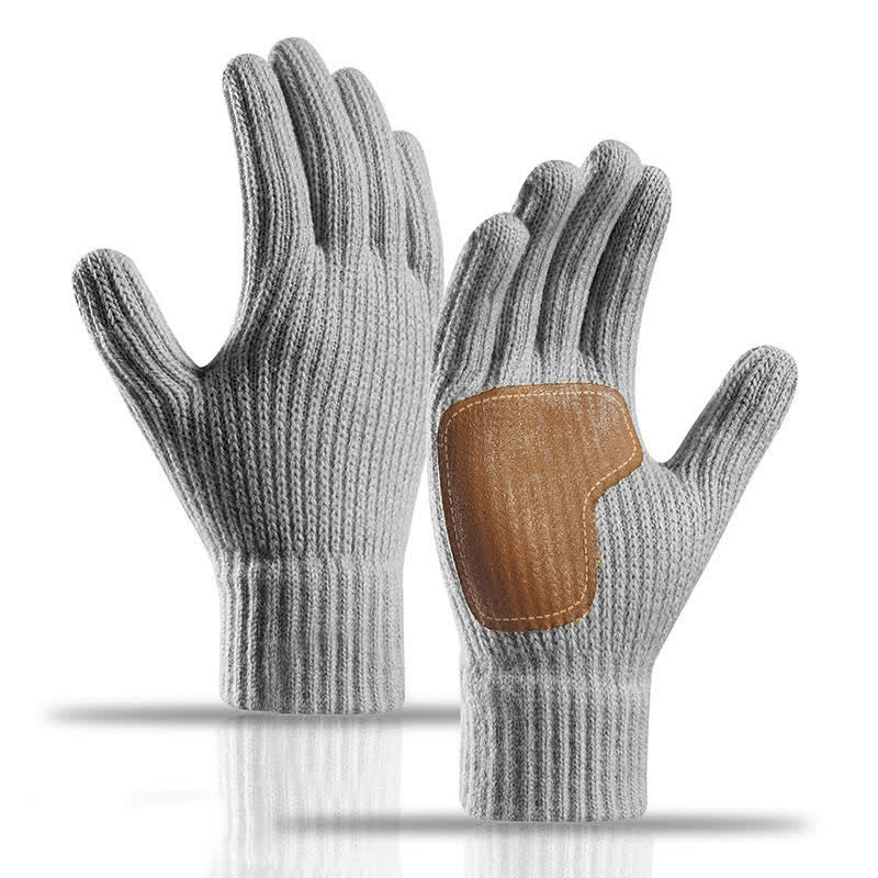 Warm Anti-Slip Leather Palm Patch Knitted Gloves - Gray - image 7