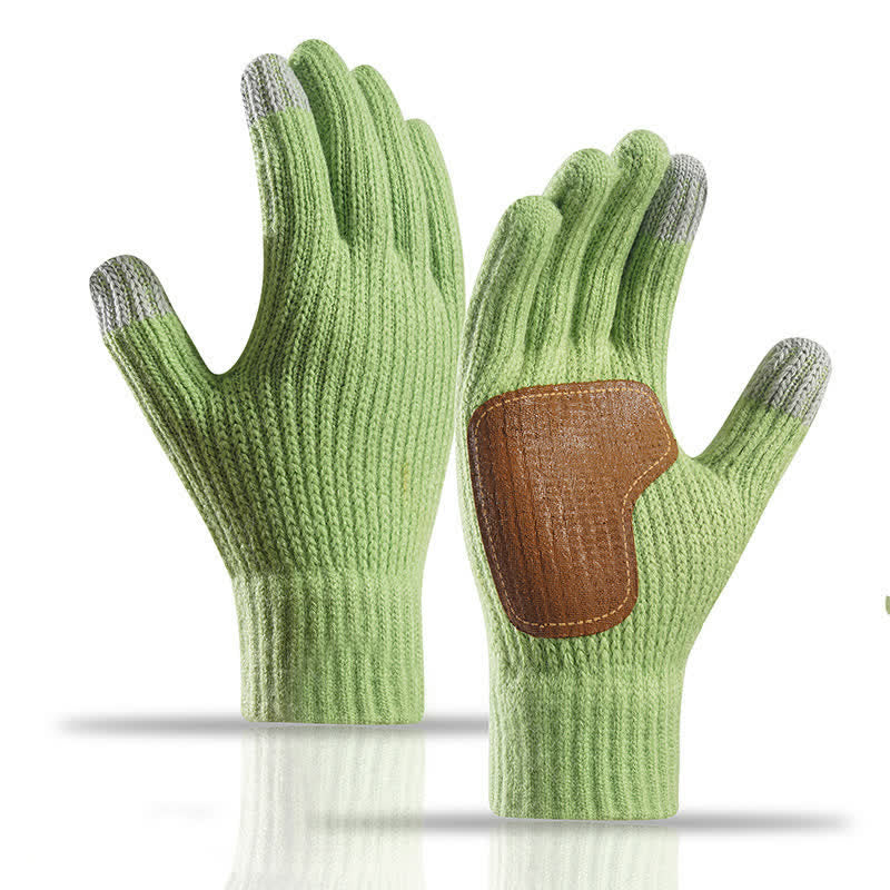 Warm Anti-Slip Leather Palm Patch Knitted Gloves - Green - image 0