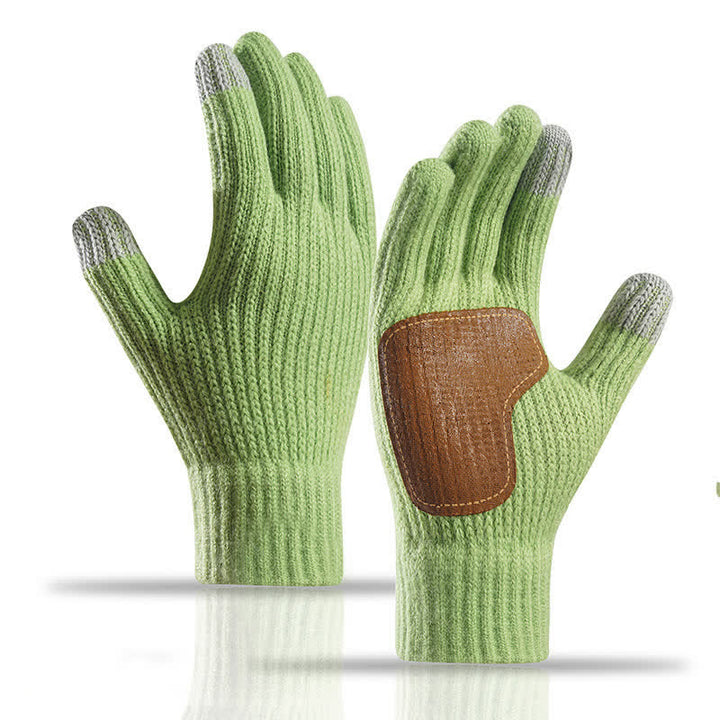 Warm Anti-Slip Leather Palm Patch Knitted Gloves - Green - image 0