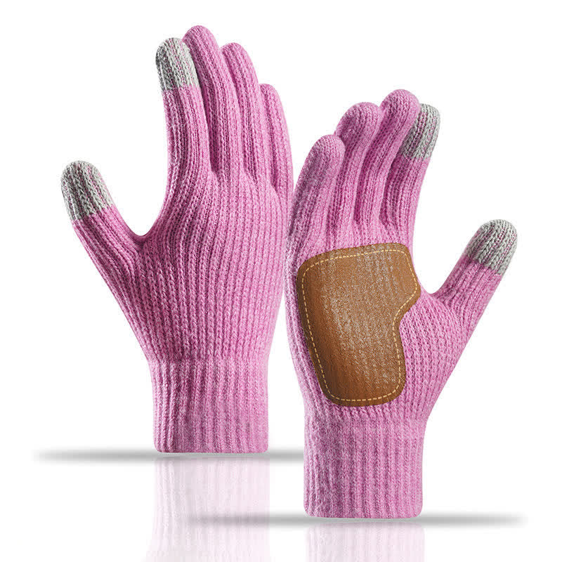 Warm Anti-Slip Leather Palm Patch Knitted Gloves - Light Purple - image 17