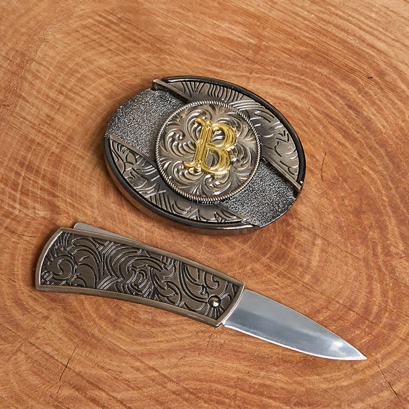 Two-Tone Initial Letter DIY Hidden Knife Buckle Leather Belt - image 1