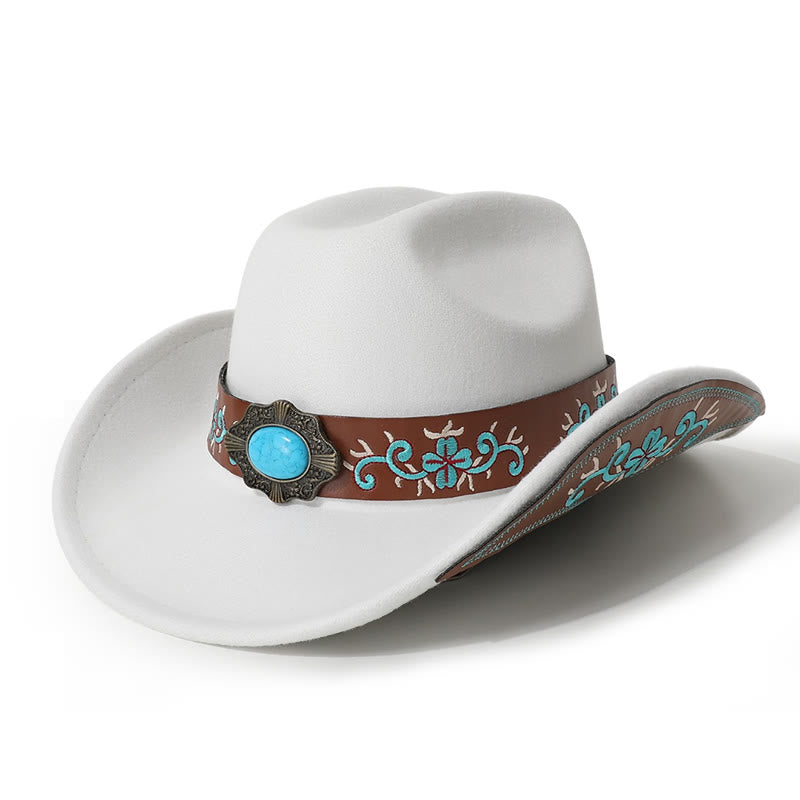Men's Embroidered Patch Turquoise Cowboy Hat With Brim Belt - White - M (22"-22 7/8") - image 2