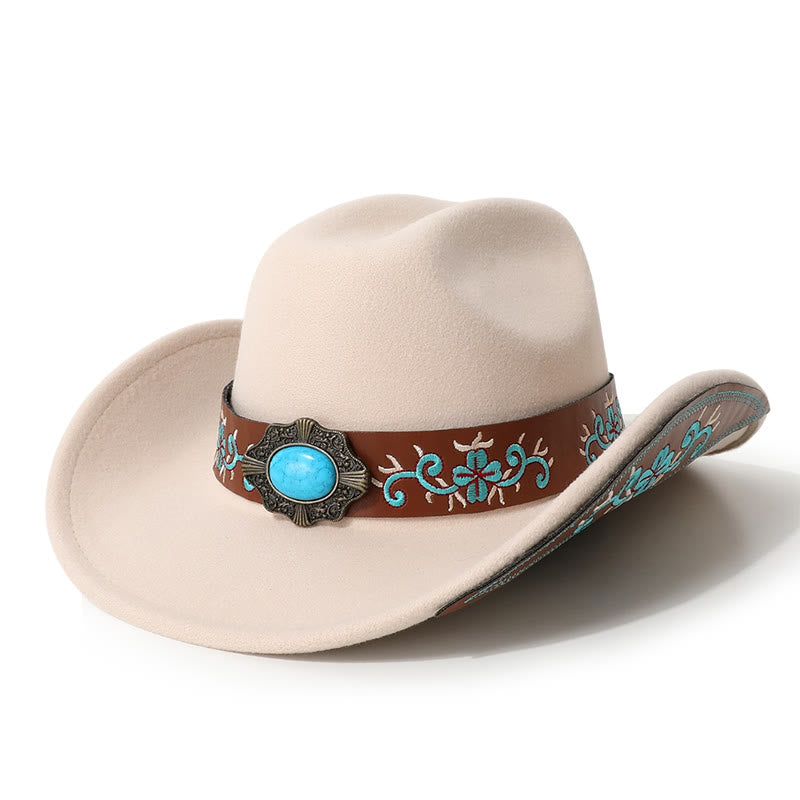 Men's Embroidered Patch Turquoise Cowboy Hat With Brim Belt - Beige - M (22"-22 7/8") - image 1