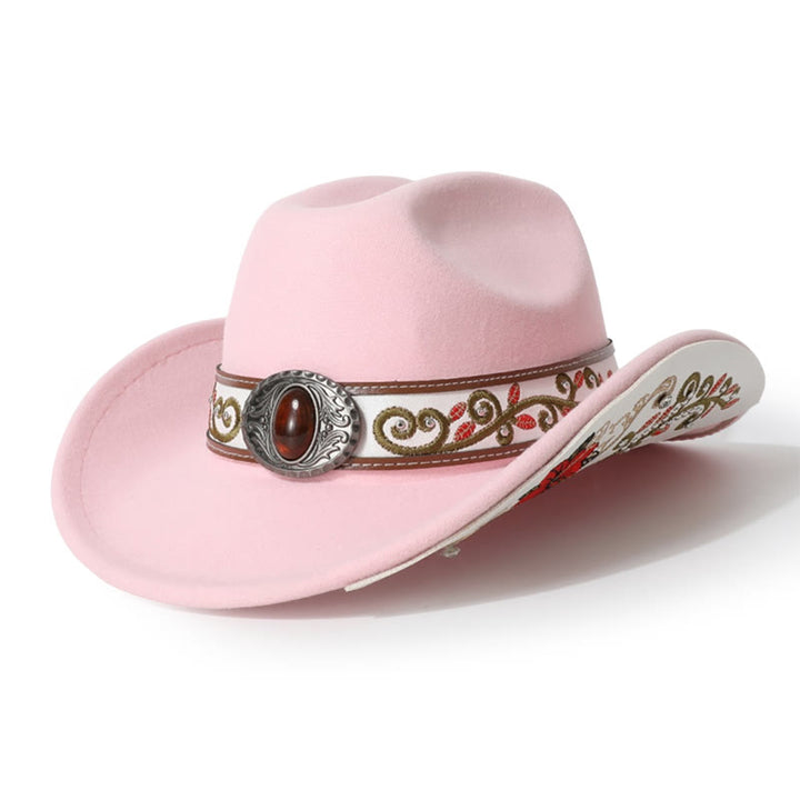 Flower Embroidered Ruby Brim Belt Men's Cowboy Hat - Pink - M (22"-22 7/8") - image 16