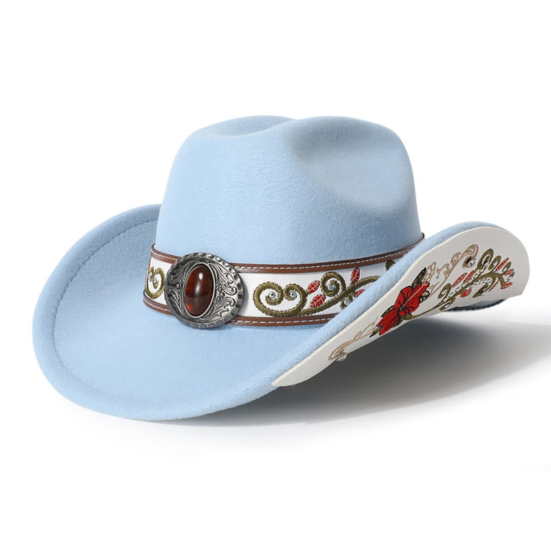  Flower Embroidered Ruby Brim Belt Men's Cowboy Hat - Sky Blue - M (22"-22 7/8") - image 2