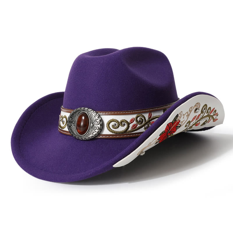  Flower Embroidered Ruby Brim Belt Men's Cowboy Hat - Purple - M (22"-22 7/8") - image 3