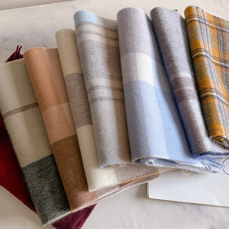 Unisex Check Pattern Warm Wool Scarf With Tassels - image 3