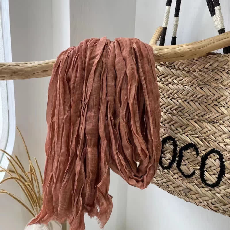 Chic Wrinkles Textured Four Seasons Cotton Linen Scarf - OrangeRed - image 2