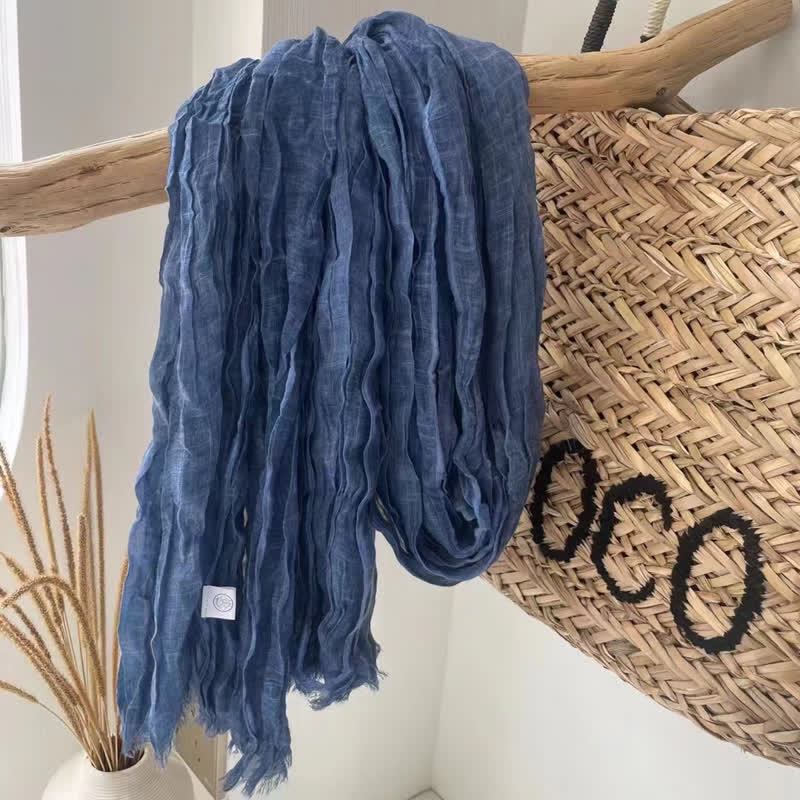 Chic Wrinkles Textured Four Seasons Cotton Linen Scarf - Blue - image 8