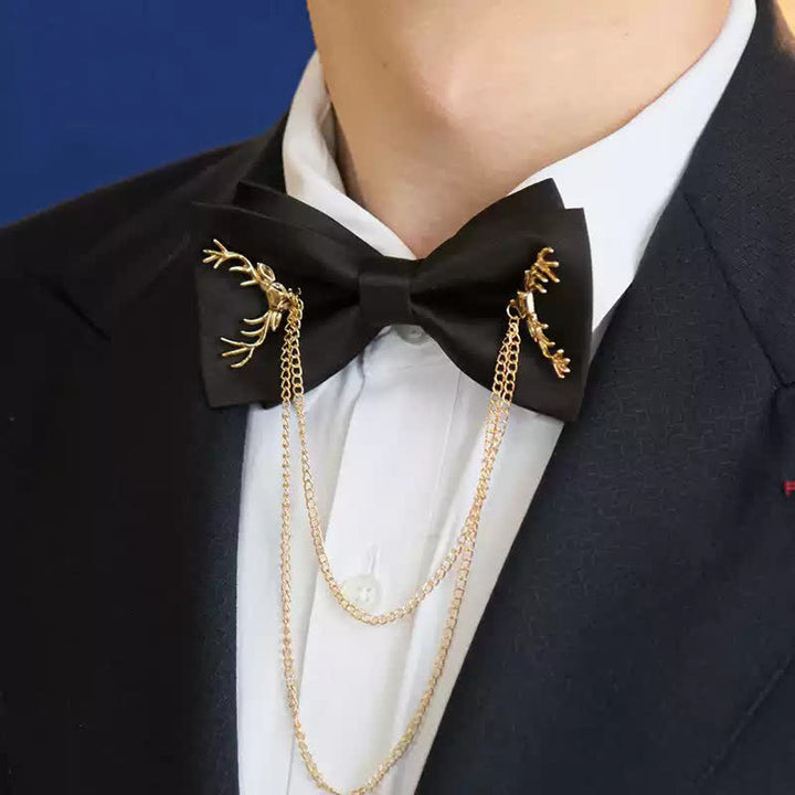 Gold Antler-Shaped Distinctive Formal Bow Tie With Chain - image 5