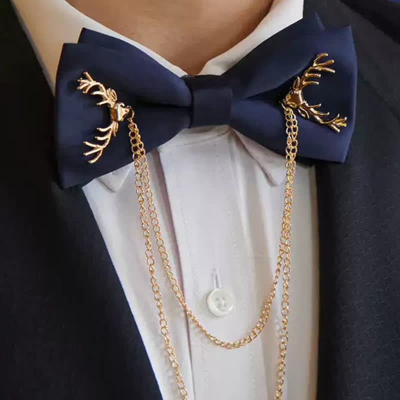 Gold Antler-Shaped Distinctive Formal Bow Tie With Chain - Navy - image 0