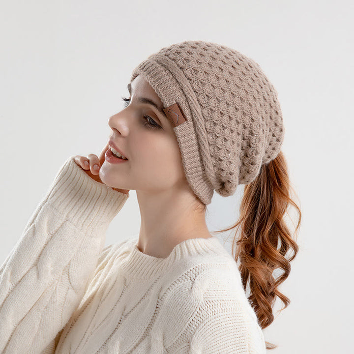 Women's Ponytail Open Winter Warm Knitted Beanie Hat - Khaki - Adjustable(21 5/8"-23 5/8") - image 0