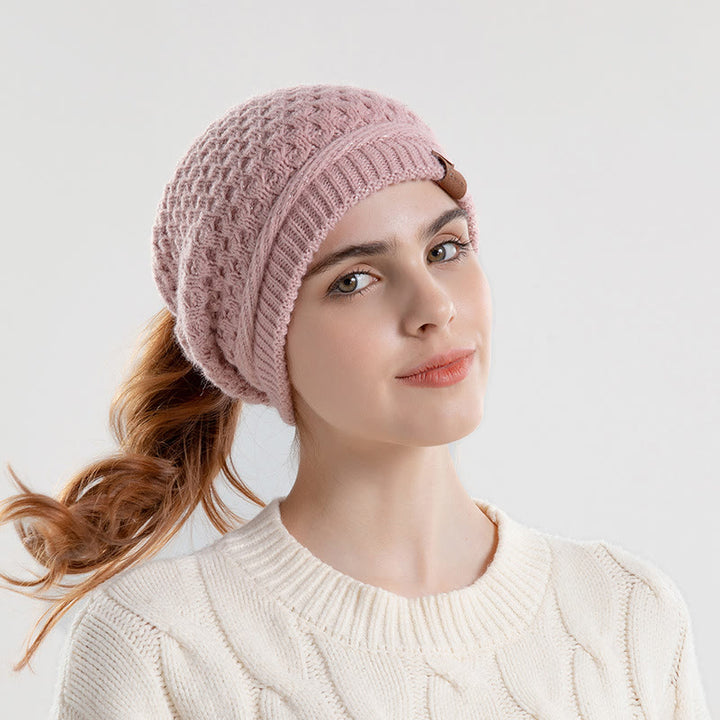 Women's Ponytail Open Winter Warm Knitted Beanie Hat - Pink - Adjustable(21 5/8"-23 5/8") - image 3