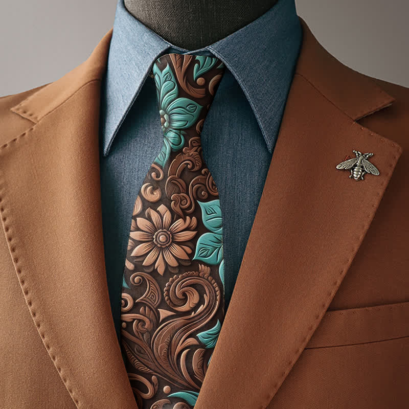 Men's Elegant Brown And Turquoise Floral Print Necktie - Necktie - image 0