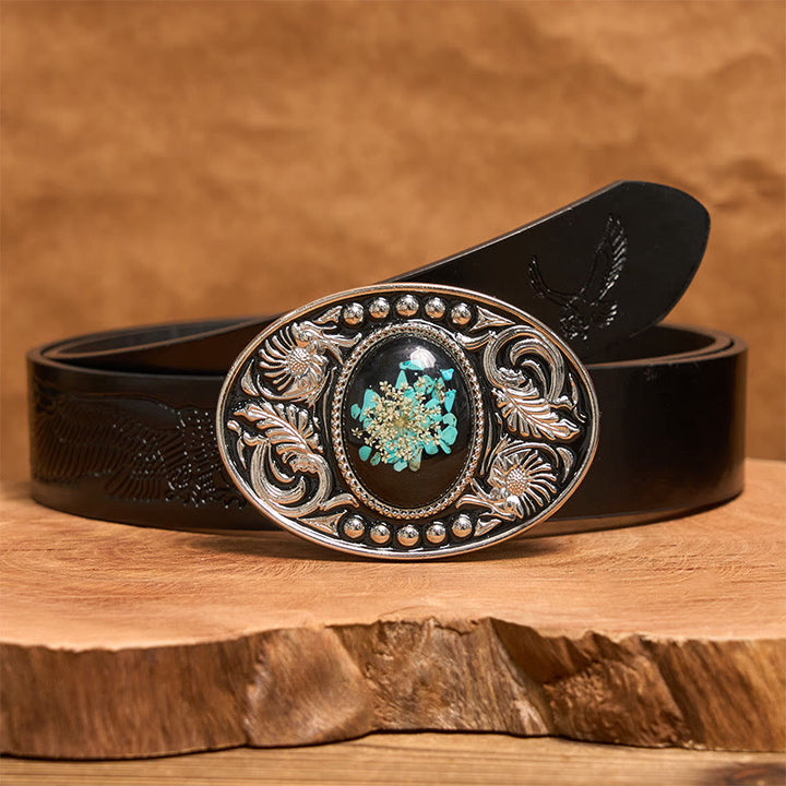 Silver Black Carved Turquoise & Flowers DIY Buckle Leather Belt - Black Embossed Eagle Belt - 42 - image 3