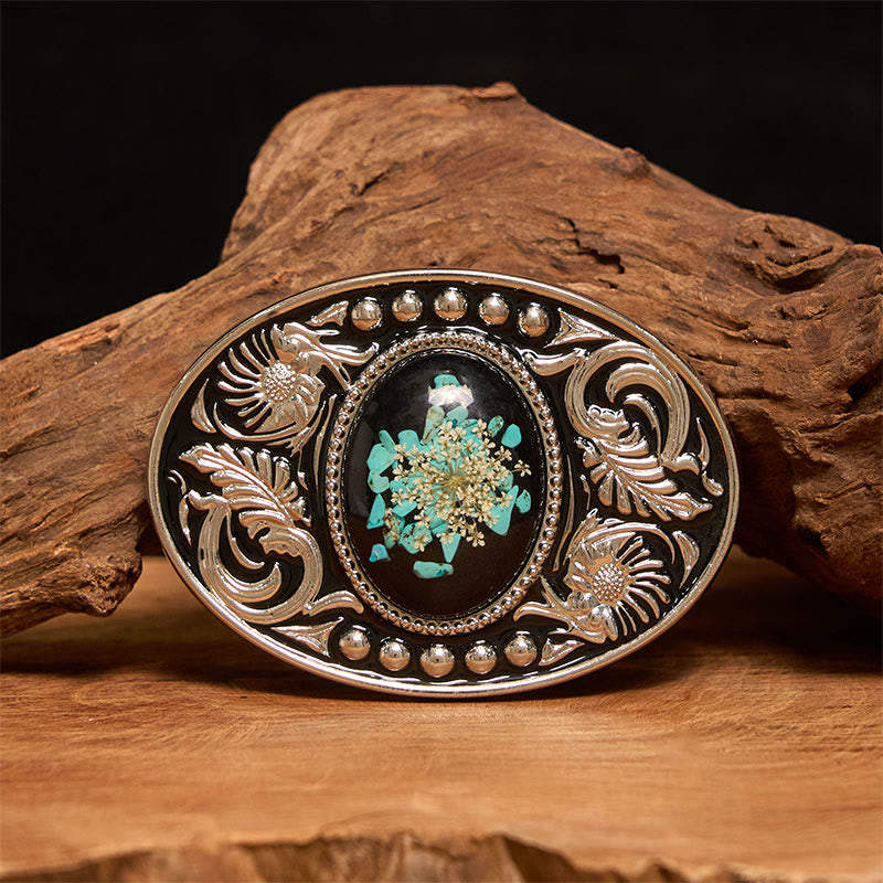 Silver Black Carved Turquoise & Flowers DIY Buckle Leather Belt - Without Belt - Not Included Belt - image 0
