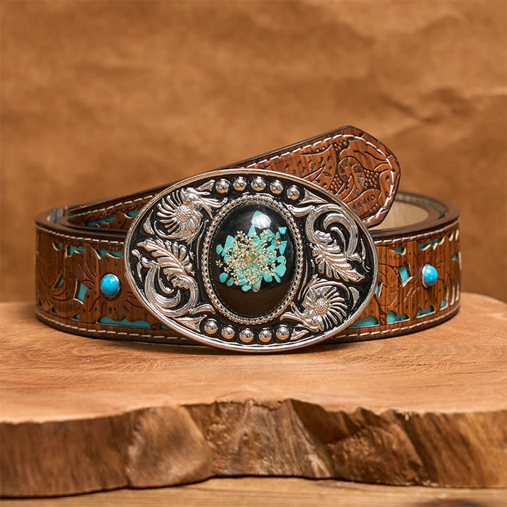Silver Black Carved Turquoise & Flowers DIY Buckle Leather Belt - Turquoise Carved Belt - 42 - image 4