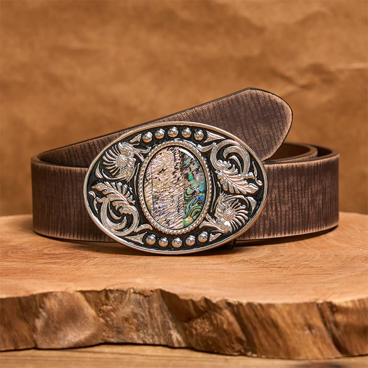 Silver Black Carved Shell DIY Buckle Leather Belt - Brown Distressed Belt - 42 - image 6