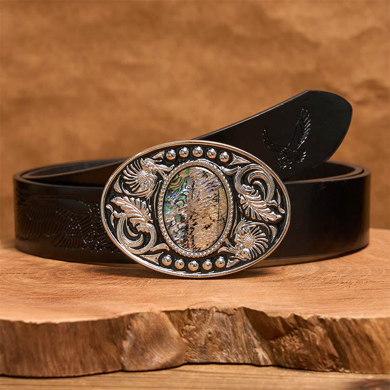 Silver Black Carved Shell DIY Buckle Leather Belt - Black Embossed Eagle Belt - 42 - image 3