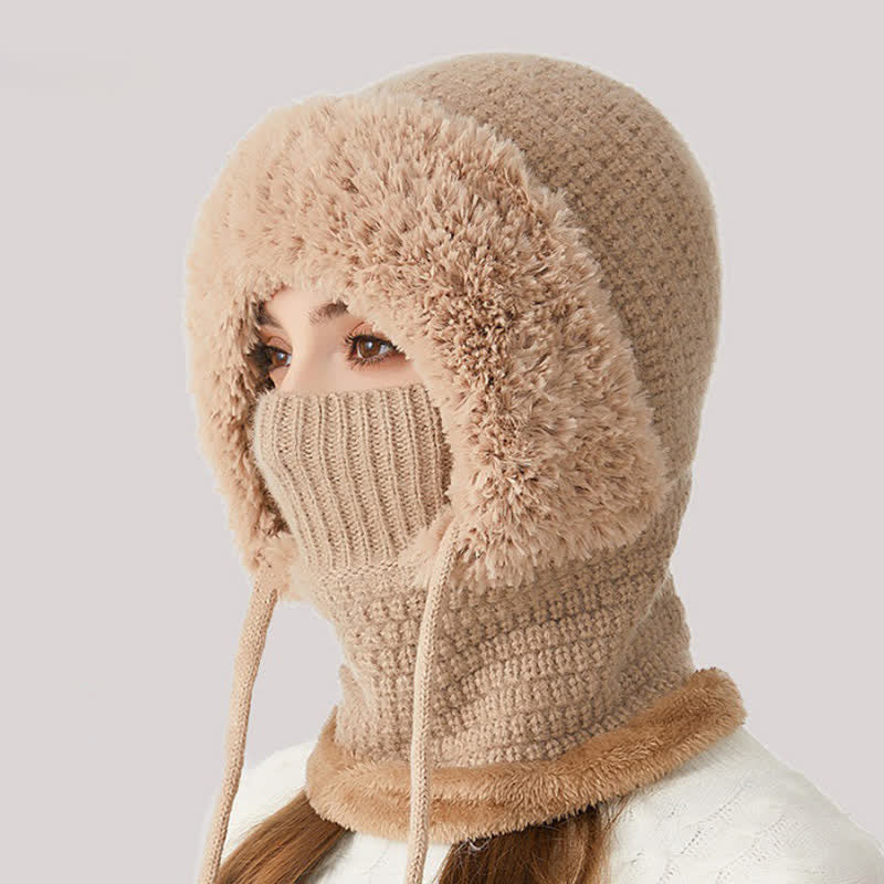 3 In 1 Plush Knitted Beanie Hat With Scarf And Mask - Khaki - M (22"-22 7/8") - image 3
