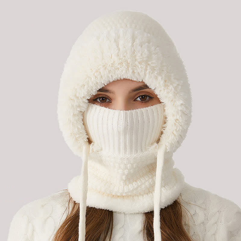 3 In 1 Plush Knitted Beanie Hat With Scarf And Mask - White - M (22"-22 7/8") - image 9