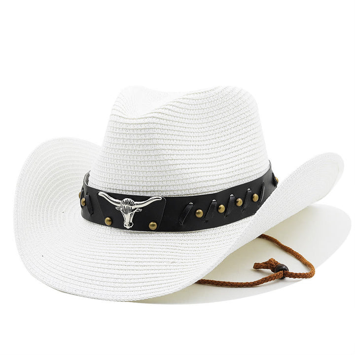 Western Silver Bull Head Black Brim Belt Men's Straw Hat - White - M (22"-22 7/8") - image 8