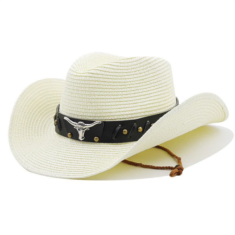 Western Silver Bull Head Black Brim Belt Men's Straw Hat - Milky White - M (22"-22 7/8") - image 7