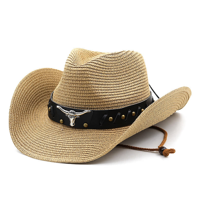 Western Silver Bull Head Black Brim Belt Men's Straw Hat - Khaki - M (22"-22 7/8") - image 10