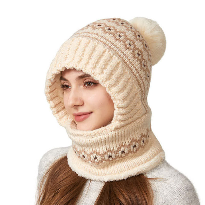 3 In 1 Ethnic Jacquard Knitted Beanie Hat With Scarf And Mask - Beige - Adjustable (21 5/8"-22 7/8") - image 0