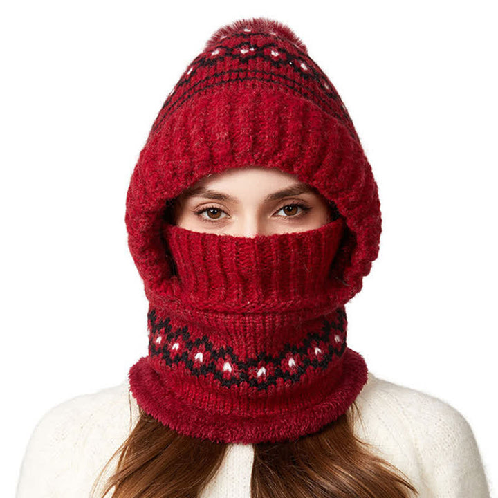 3 In 1 Ethnic Jacquard Knitted Beanie Hat With Scarf And Mask - Wine Red - Adjustable (21 5/8"-22 7/8") - image 19