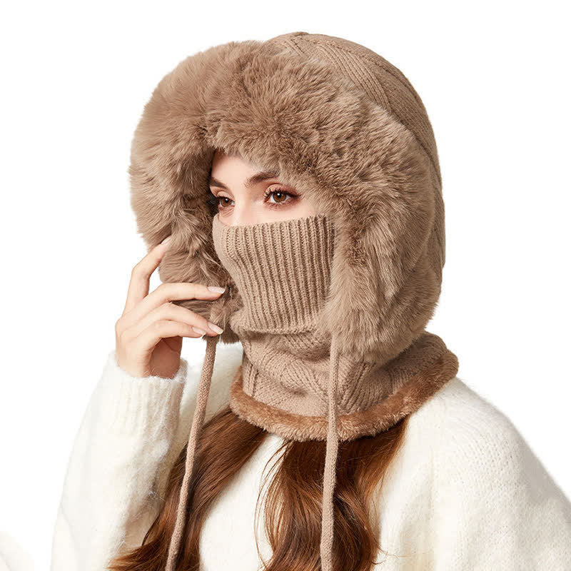 3 In 1 Plush Twill Weave Knitted Beanie Hat With Scarf And Mask - Khaki - M (22"-22 7/8") - image 0