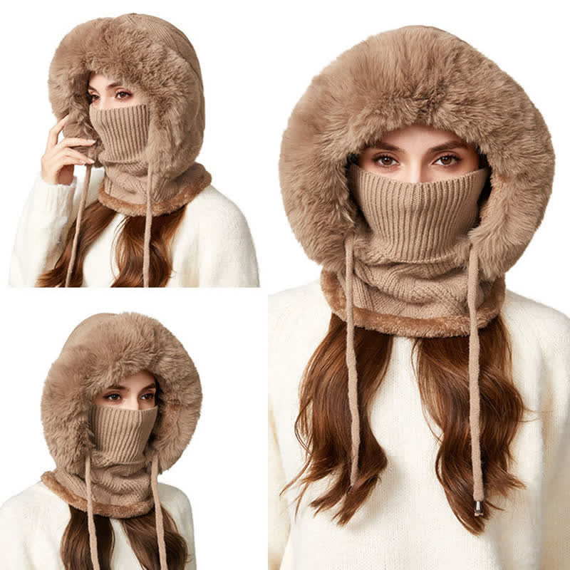 3 In 1 Plush Twill Weave Knitted Beanie Hat With Scarf And Mask - image 3