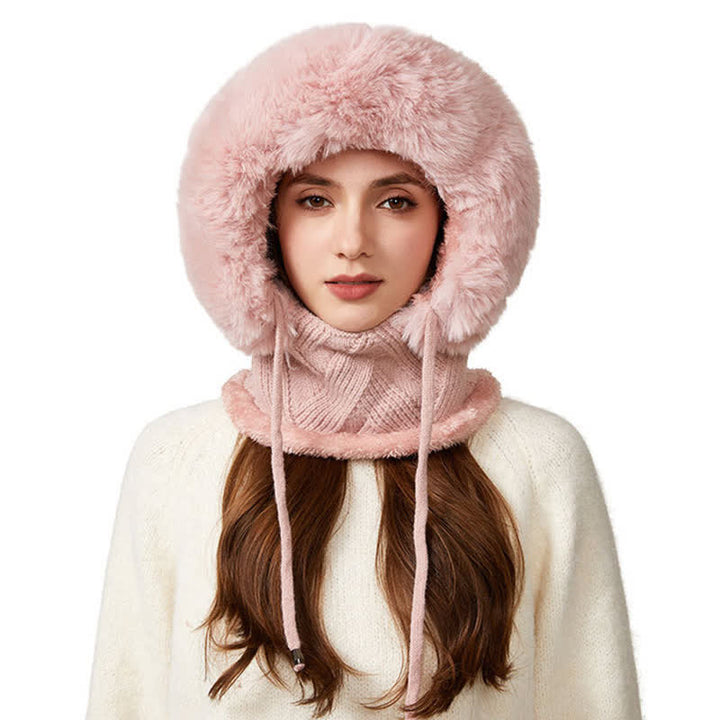 3 In 1 Plush Twill Weave Knitted Beanie Hat With Scarf And Mask - Pink - M (22"-22 7/8") - image 12