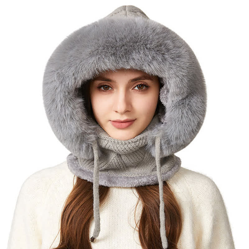 3 In 1 Plush Twill Weave Knitted Beanie Hat With Scarf And Mask - Gray - M (22"-22 7/8") - image 10