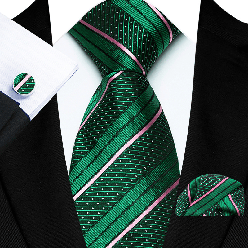 3Pcs Men's Black Red Stripe White Dot Necktie Set - Green - image 1