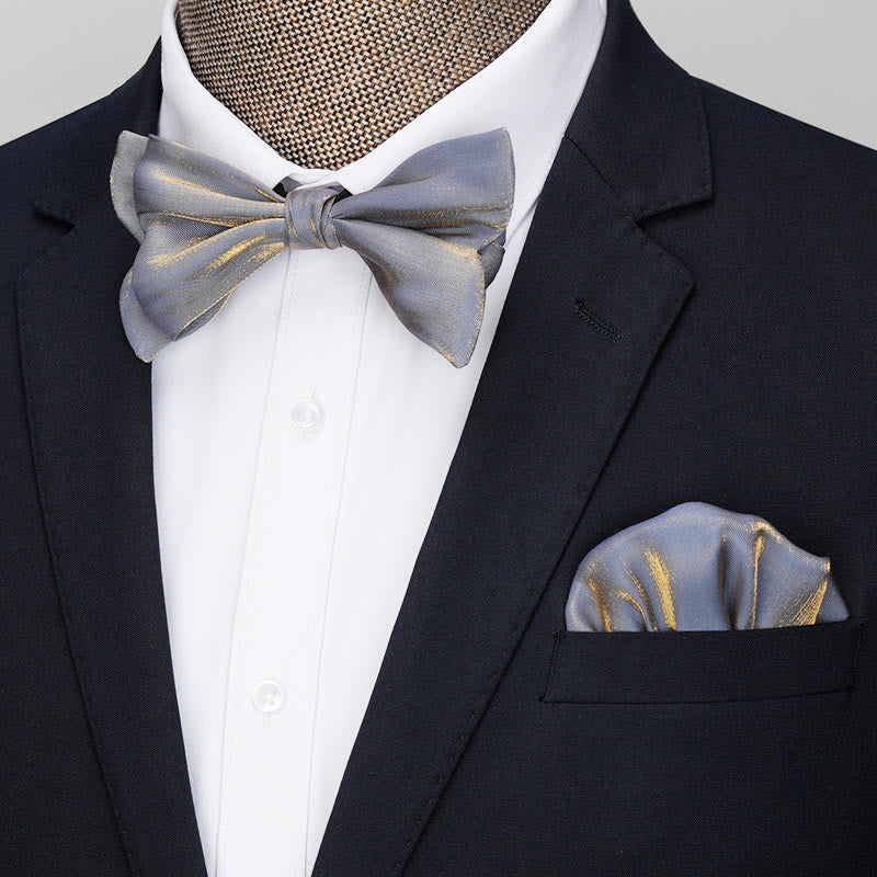 2Pcs Men's Solid Color Pocket Square Bow Tie - Style #1 - Grey - image 5