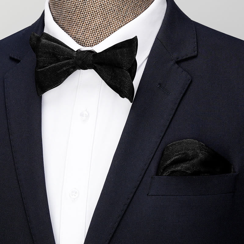 2Pcs Men's Solid Color Pocket Square Bow Tie - Style #1 - Black - image 8