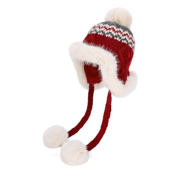 Women's Winter Knitted Textured Hat With Plush Balls - Red - Adjustable(21 5/8"-23 5/8") - image 5