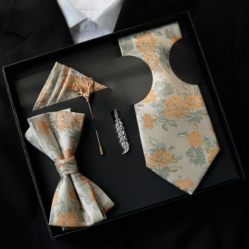 5Pcs Men's Beige Flower Pattern Bow Ties Gift Box - Beige - image 0
