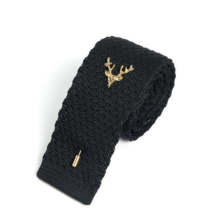 Men's Festival Knitted Necktie With Deer Brooch Pin - Black & Gold - image 1