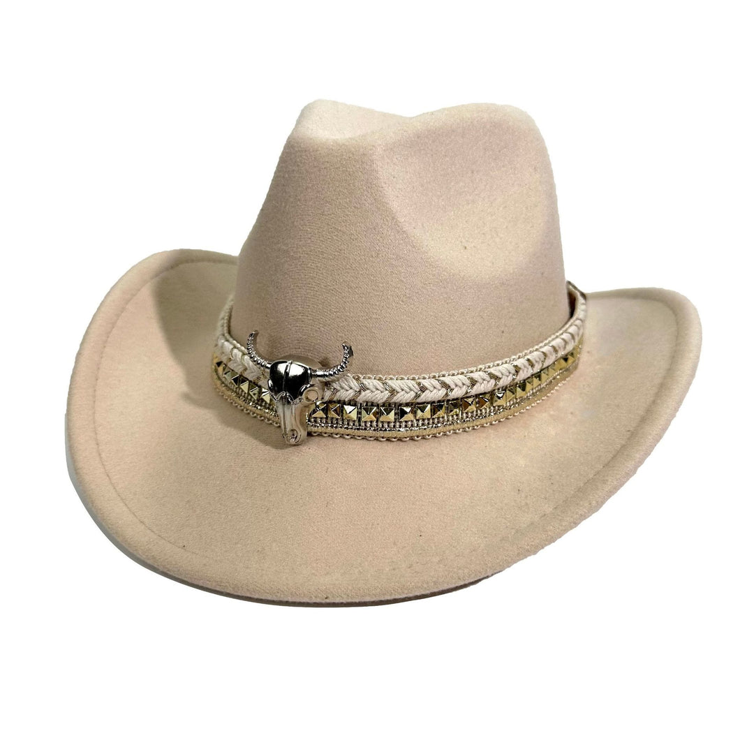 Men's Western Style Metal Bullhead Brim Belt Cowboy Hat - Beige - M (22"-22 7/8") - image 9