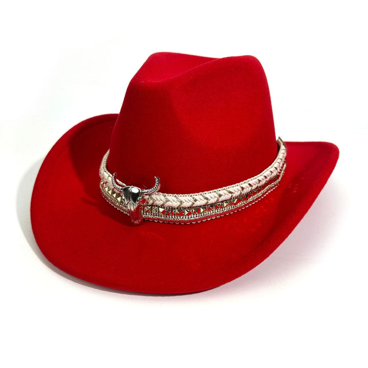 Men's Western Style Metal Bullhead Brim Belt Cowboy Hat - Red - M (22"-22 7/8") - image 7