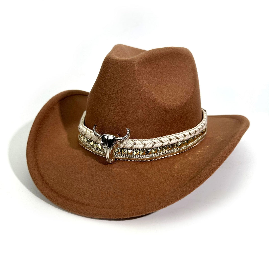 Men's Western Style Metal Bullhead Brim Belt Cowboy Hat - Brown - M (22"-22 7/8") - image 8