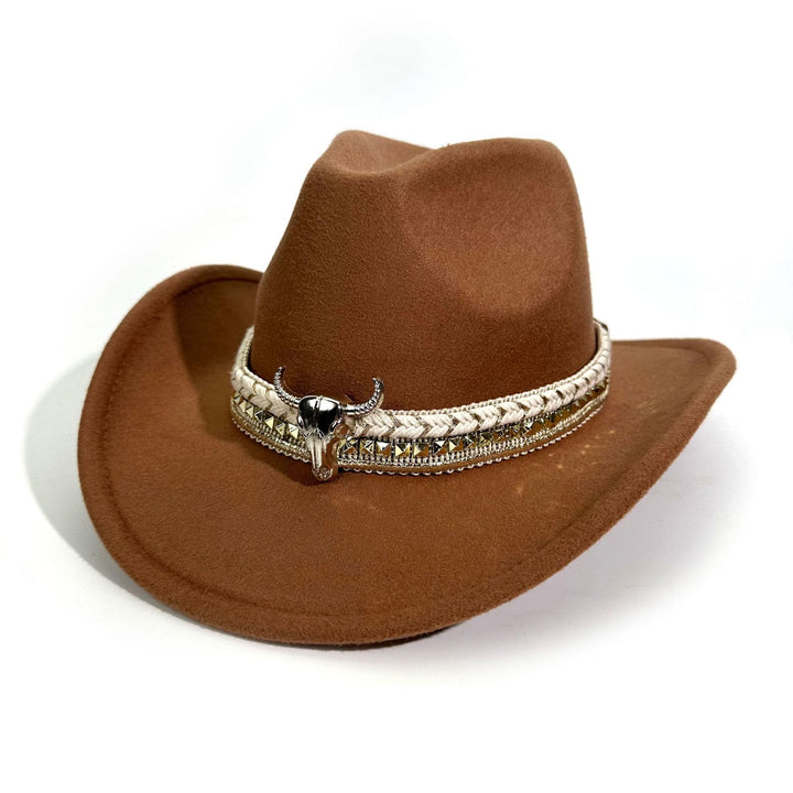 Men's Western Style Metal Bullhead Brim Belt Cowboy Hat - Brown - M (22"-22 7/8") - image 8
