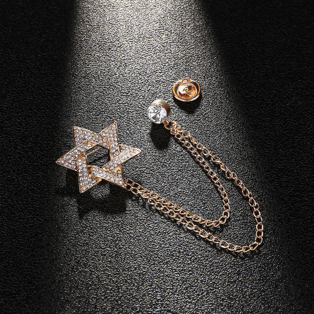 Men's Rhinestone Star of David Chain Brooch - Gold - image 1