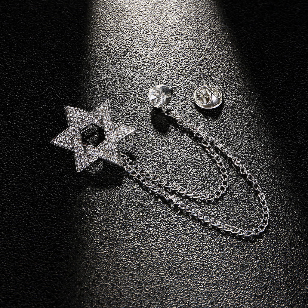 Men's Rhinestone Star of David Chain Brooch - Silver - image 2